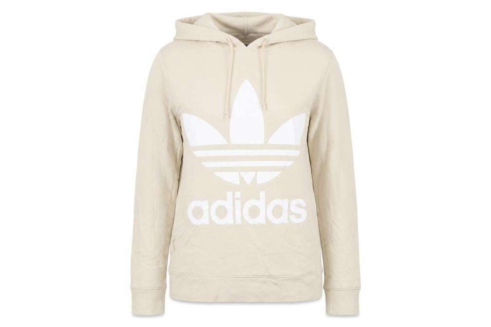 Front view of Adidas Women Beige Hooded Pullover Hoodie UK 6 Cotton Blend Logo