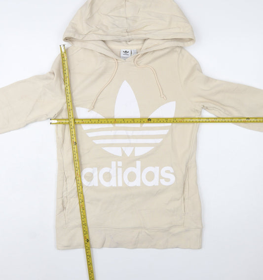Adidas Women Beige Hooded Pullover Hoodie UK 6 Cotton Blend Logo
