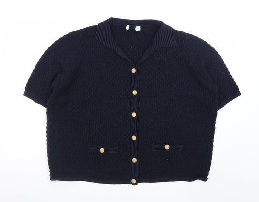 Gallery Womens Navy Blue Collared Short Sleeve Cardigan XL