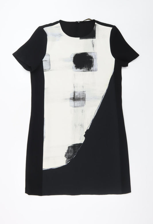 Zara Women Black White Geometric Shift Dress Size 12 Short Sleeve