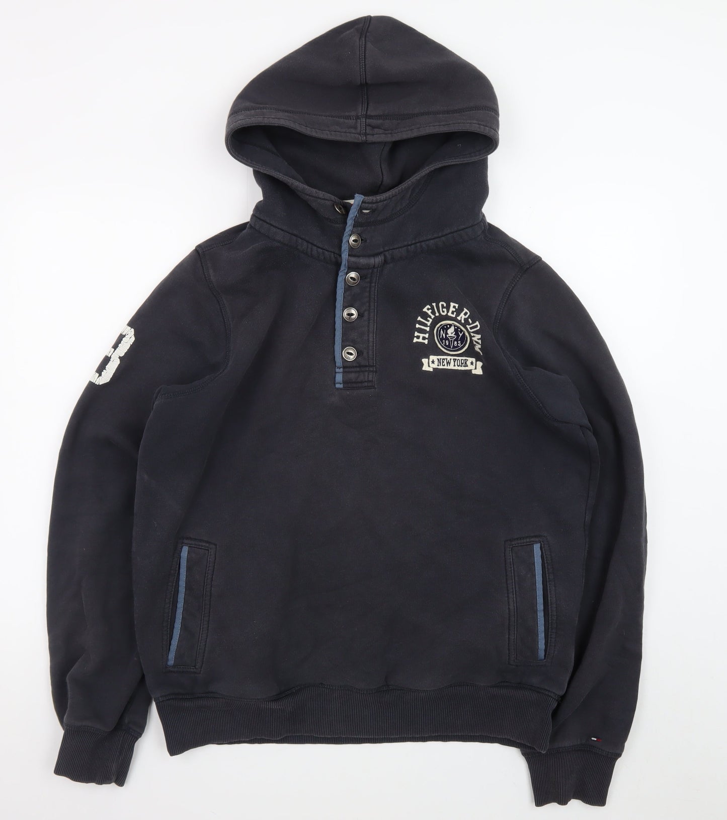 Tommy Hilfiger Men's Blue XL Henley Hoodie with Logo Detail