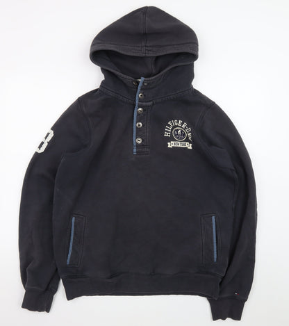 Tommy Hilfiger Men's Blue XL Henley Hoodie with Logo Detail