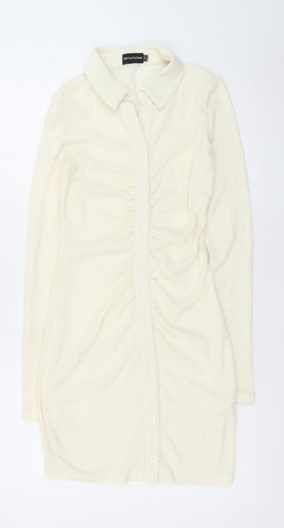 PrettyLittleThing Women Ivory UK 12 Shirt Dress Long Sleeve Ruched