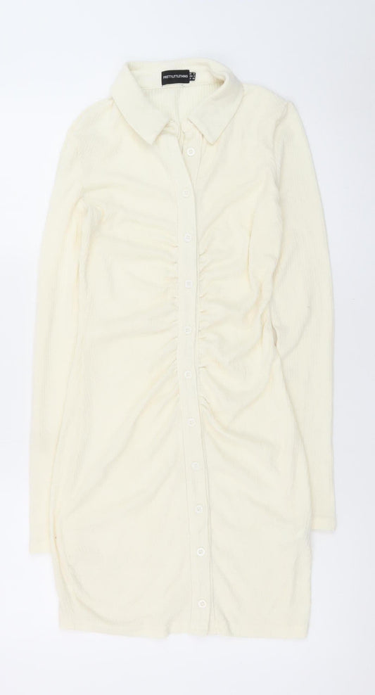 PrettyLittleThing Women Ivory UK 12 Shirt Dress Long Sleeve Ruched