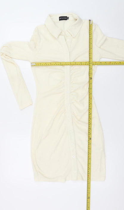 PrettyLittleThing Women Ivory UK 12 Shirt Dress Long Sleeve Ruched