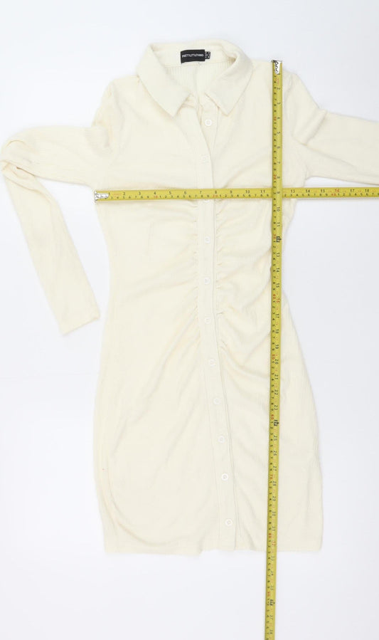 PrettyLittleThing Women Ivory UK 12 Shirt Dress Long Sleeve Ruched