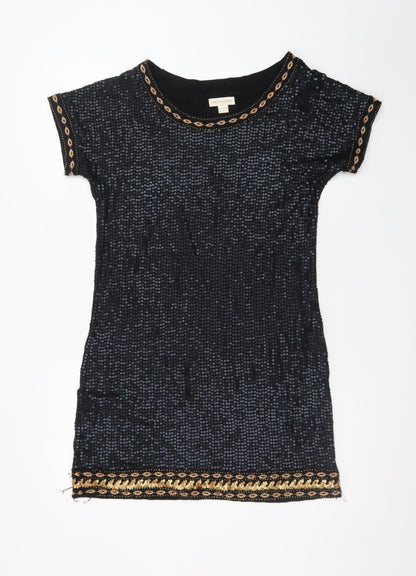 Monsoon Women Black Sequin Shift Dress Size 10 Short Sleeve Party