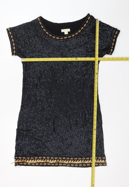 Monsoon Women Black Sequin Shift Dress Size 10 Short Sleeve Party