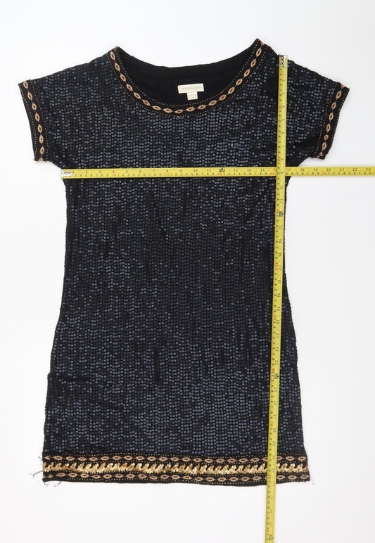 Monsoon Women Black Sequin Shift Dress Size 10 Short Sleeve Party