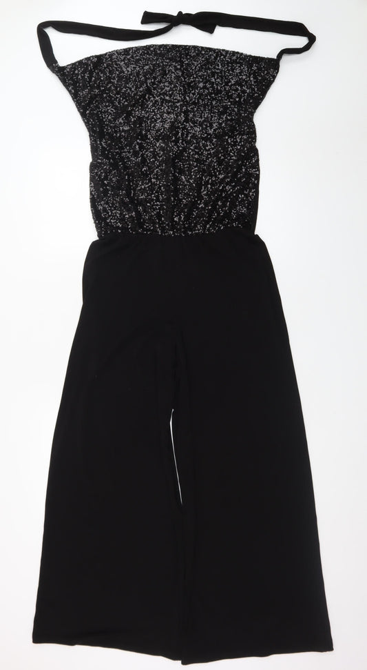 Oasis Women's Black Sequin Halter Wide Leg Jumpsuit Size S