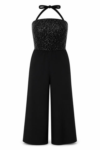 Oasis Women's Black Sequin Halter Wide Leg Jumpsuit Size S