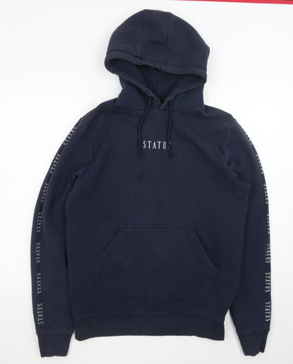 Status Men's Blue Pullover Hoodie L Fleece Graphic Logo Hooded Top