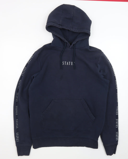 Status Men's Blue Pullover Hoodie L Fleece Graphic Logo Hooded Top