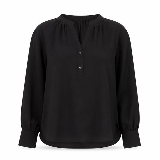Front view of Dunnes Women’s Black Long Sleeve V-Neck Chiffon Blouse, size UK 8