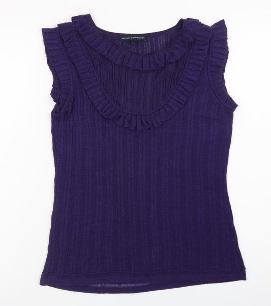 French Connection Women Purple Ruffle Sleeveless Ribbed Knit Top Size L