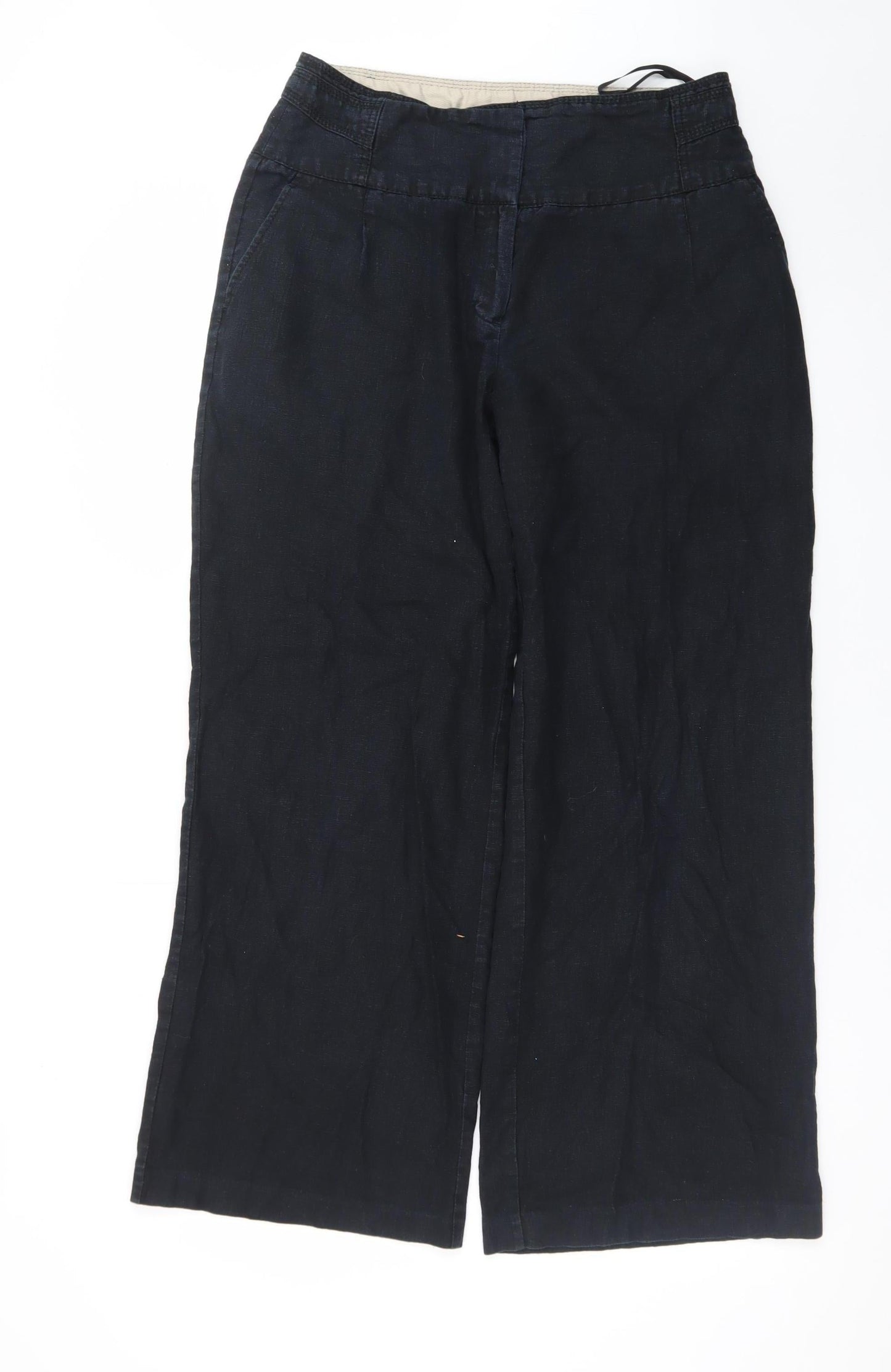 Next Womens Black Linen Wide-Leg Trousers Size 14R