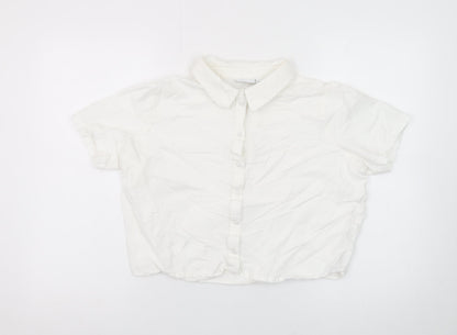 Vila Women’s White Cropped Button-Up Short Sleeve Shirt Size 12