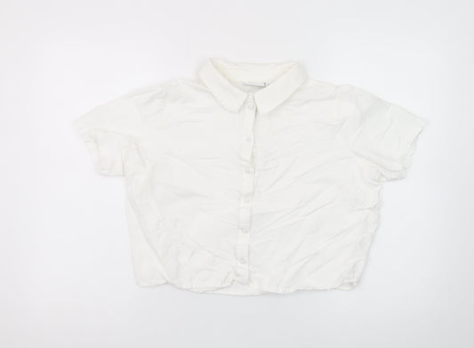 Vila Women’s White Cropped Button-Up Short Sleeve Shirt Size 12