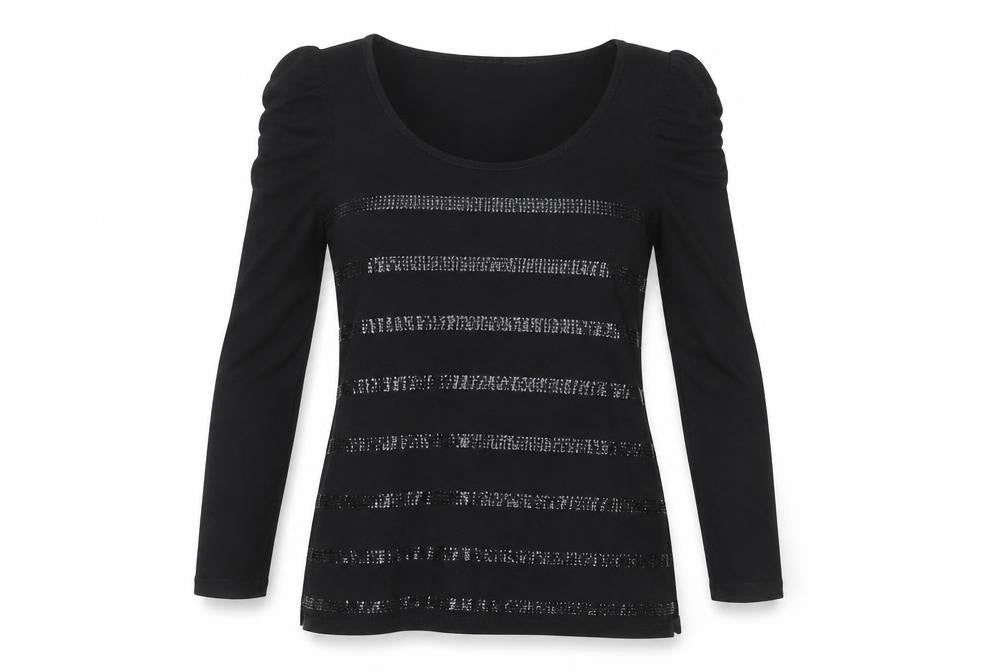 XSIDE Women's Black Sequin Stripe Long Sleeve T-Shirt Size M