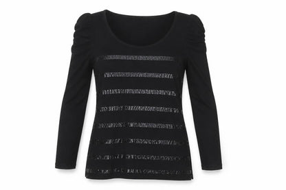 XSIDE Women's Black Sequin Stripe Long Sleeve T-Shirt Size M