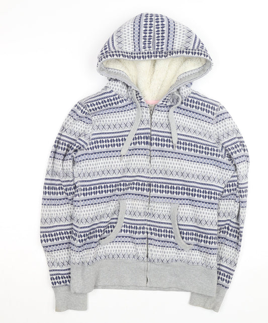 H&M Girls Grey Fair Isle Full Zip Hooded Lined Hoodie Size L