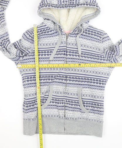 H&M Girls Grey Fair Isle Full Zip Hooded Lined Hoodie Size L