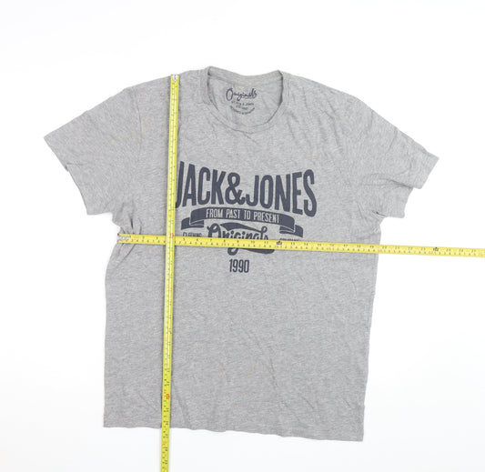 Jack & Jones Men's Grey Graphic Print Crew Neck T-Shirt Size L