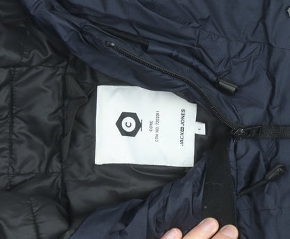 Jack & Jones Men's Blue Hooded Puffer Jacket L Water Resistant
