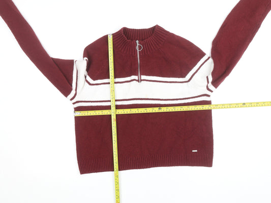 Hollister Womens Maroon & White Half Zip Jumper Size M Knit Pullover