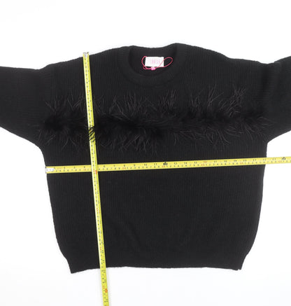 Savida Womens Black Feather Trim Pullover Jumper Size 14