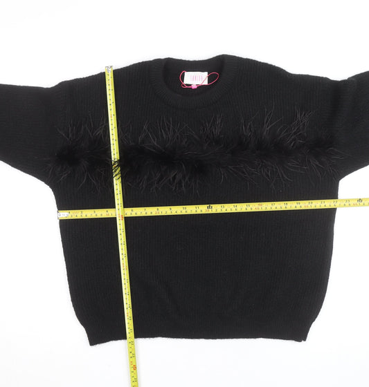 Savida Womens Black Feather Trim Pullover Jumper Size 14
