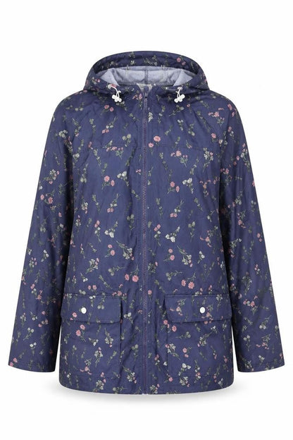 Annie De Langay Women's Blue Floral Hooded Rain Coat Jacket Size M