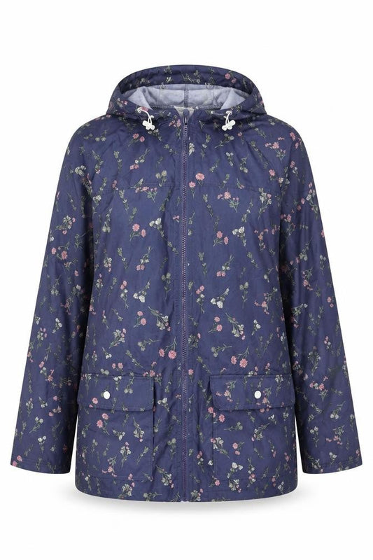 Annie De Langay Women's Blue Floral Hooded Rain Coat Jacket Size M