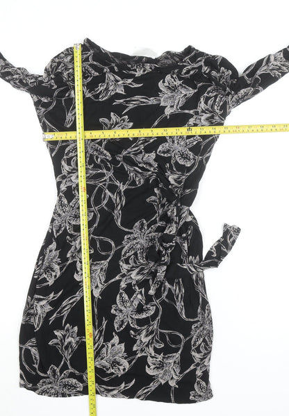 Wallis Petite Black Floral Wrap Dress Women’s Size 10 Knee Length