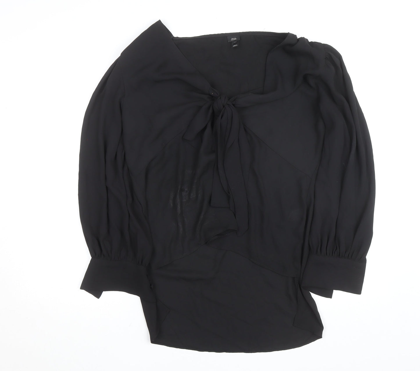 River Island Womens Black Chiffon Bow Tie Wrap Long Sleeve Blouse Size 16