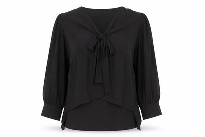 River Island Womens Black Chiffon Bow Tie Wrap Long Sleeve Blouse Size 16