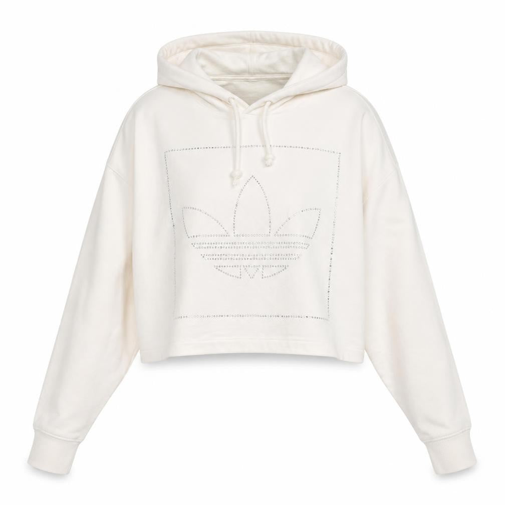Front view of Adidas women’s ivory 2xs cropped hoodie rhinestone logo cotton