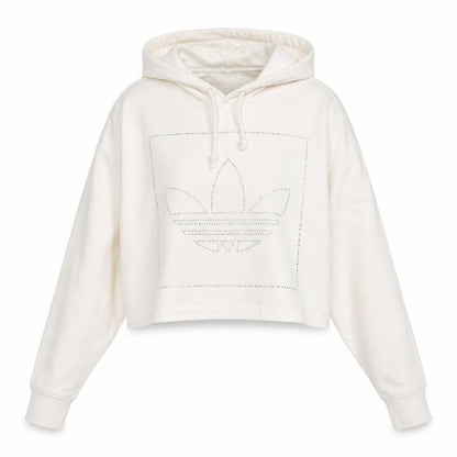 Front view of Adidas women’s ivory 2xs cropped hoodie rhinestone logo cotton
