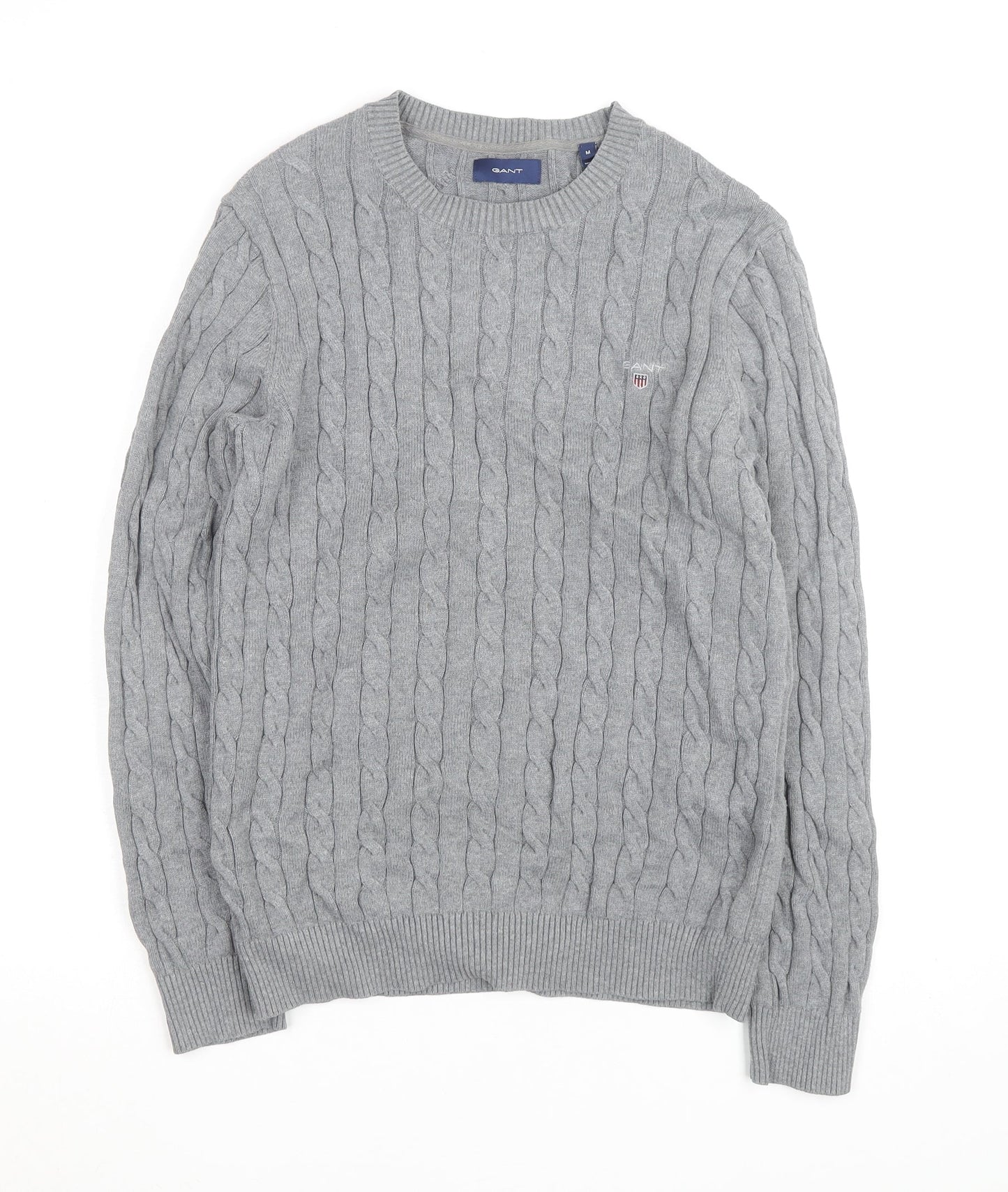 Gant Men's Grey Cable-Knit Cotton Pullover Jumper Size M