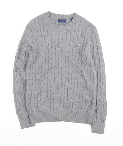 Gant Men's Grey Cable-Knit Cotton Pullover Jumper Size M