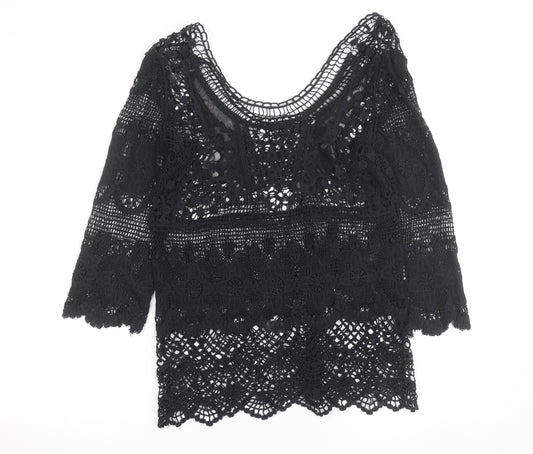 Vila Women Black Lace 3/4 Sleeve Crochet Blouse S