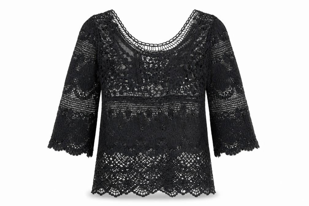 VILA Women Black Lace 3/4 Sleeve Crochet Blouse S