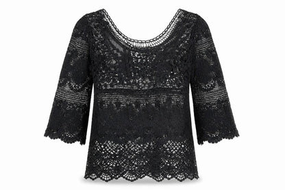 VILA Women Black Lace 3/4 Sleeve Crochet Blouse S