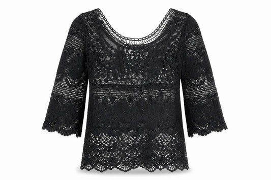 VILA Women Black Lace 3/4 Sleeve Crochet Blouse S