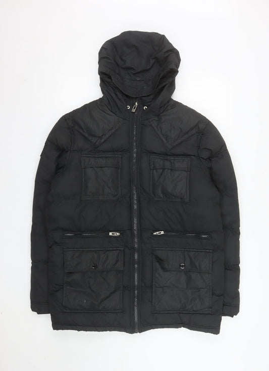 GOV DENIM Men's Black L Hooded Puffer Jacket with Pockets