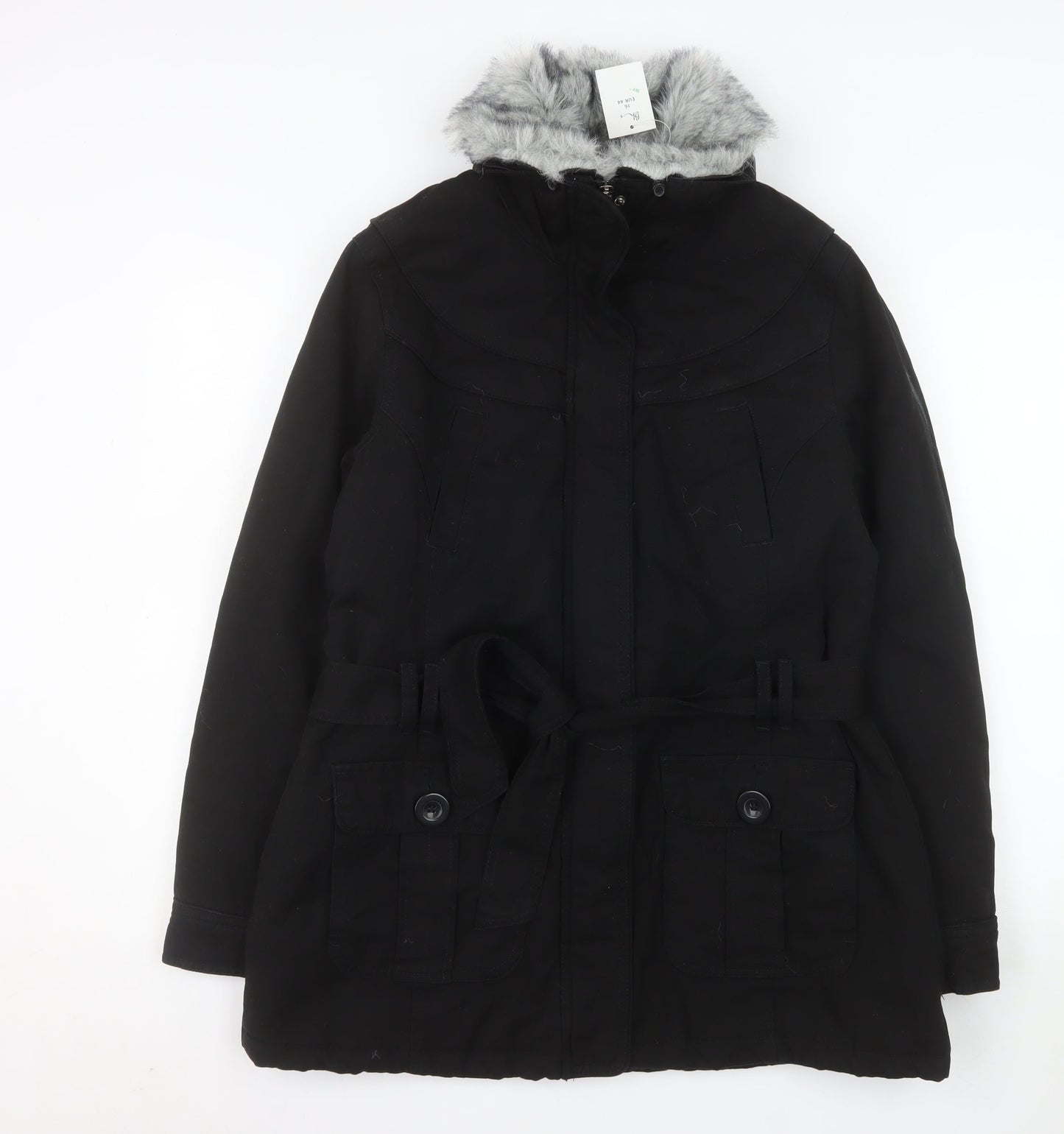 BHS Women’s Black Faux Fur Trim Hooded Belted Parka Coat Size 16
