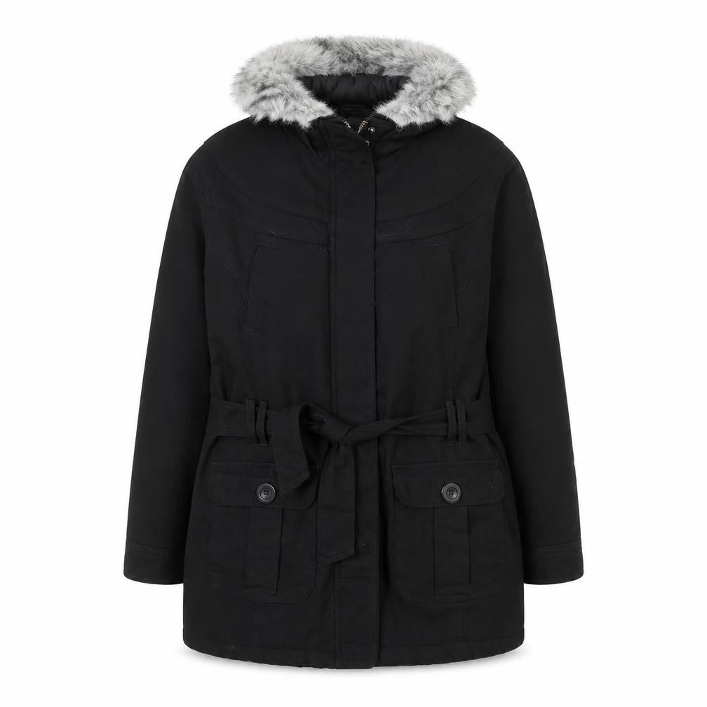 BHS Women’s Black Faux Fur Trim Hooded Belted Parka Coat Size 16