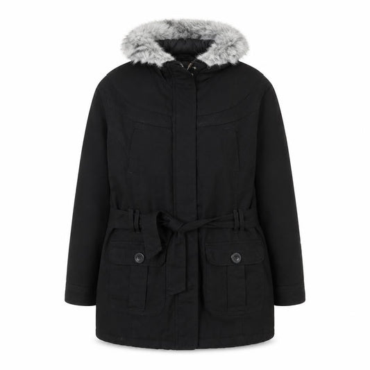 BHS Women’s Black Faux Fur Trim Hooded Belted Parka Coat Size 16
