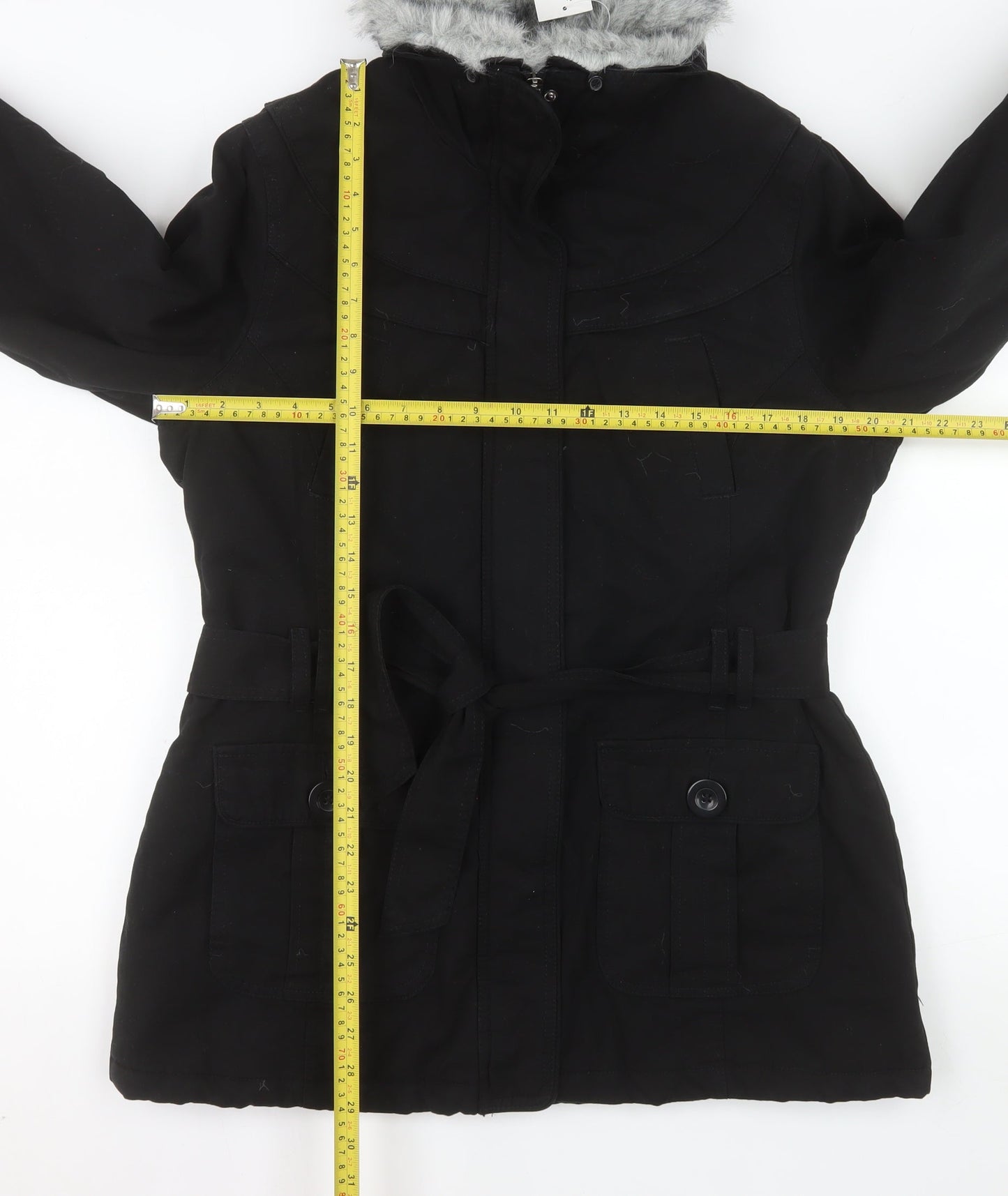 BHS Women’s Black Faux Fur Trim Hooded Belted Parka Coat Size 16