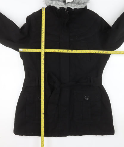BHS Women’s Black Faux Fur Trim Hooded Belted Parka Coat Size 16